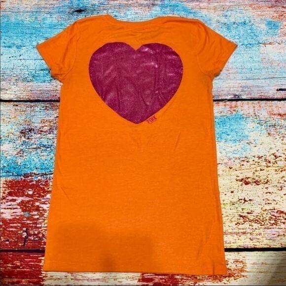VS PINK Orange Imagine Short Sleeve Shirt Heart Back Size Small - Picture 3 of 9